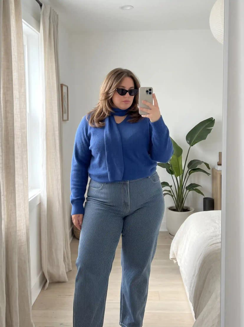 Blue Sweater + Striped Pants