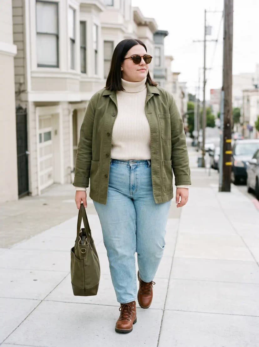 Olive Utility Jacket + Cream Turtleneck + Blue Jeans