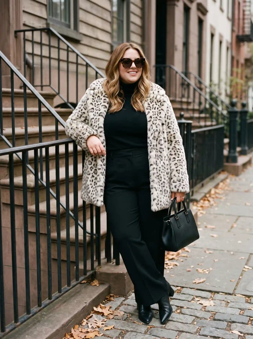 Leopard Print Faux Fur Jacket + Black Turtleneck + Black Trousers
