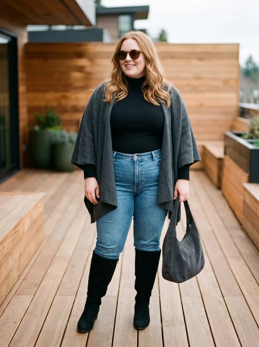 Grey Poncho + Black Turtleneck + Blue Jeans