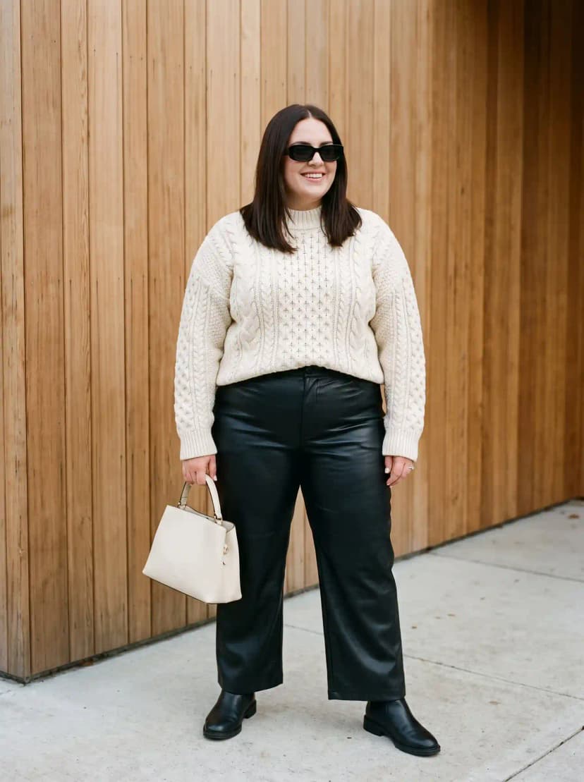 Cream Cable-Knit Sweater + Black Faux Leather Pants