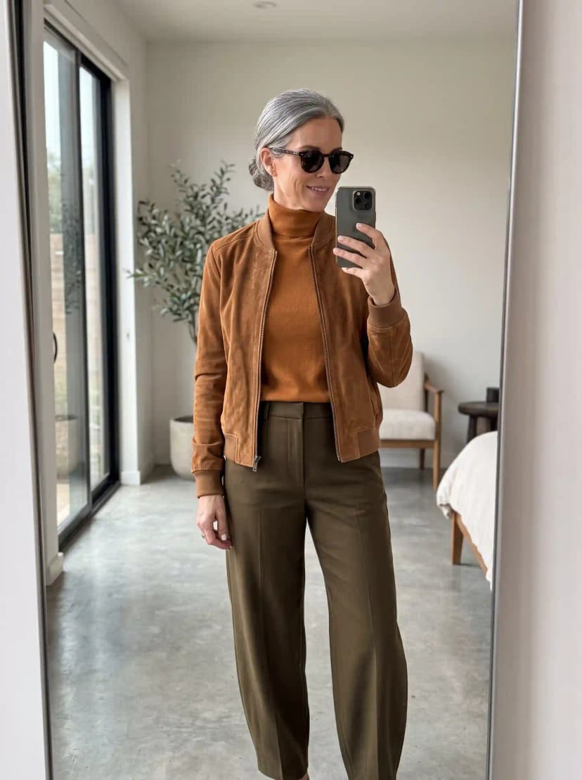 Cognac Bomber Jacket + Rust Turtleneck + Olive Trousers