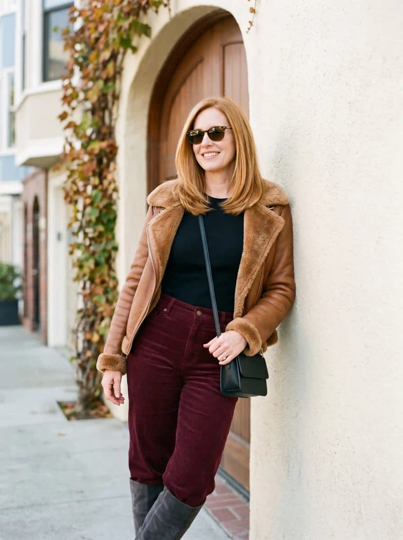 Shearling Jacket + Black Top + Burgundy Corduroy Trousers