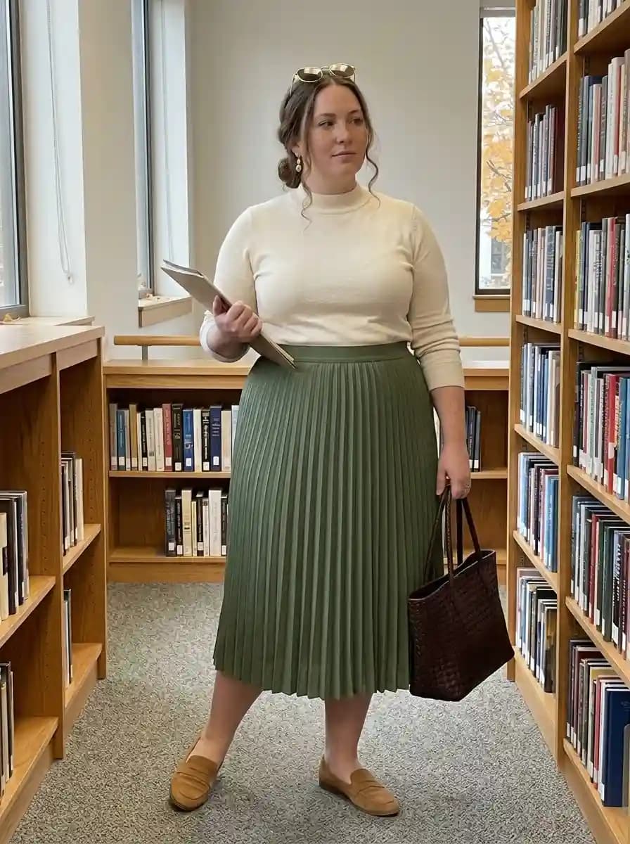 Fitted cream turtleneck with an olive-green pleated midi skirt, camel loafers, and dark brown tote
