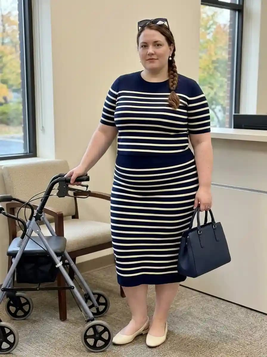Navy and cream striped sweater and matching striped midi pencil skirt with cream ballet flats