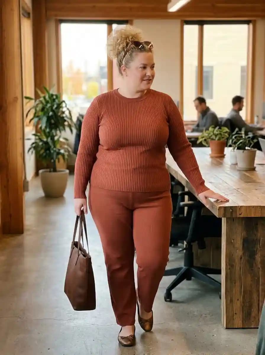 Terracotta ribbed knit sweater and matching knit trousers with bronze flats and chocolate tote