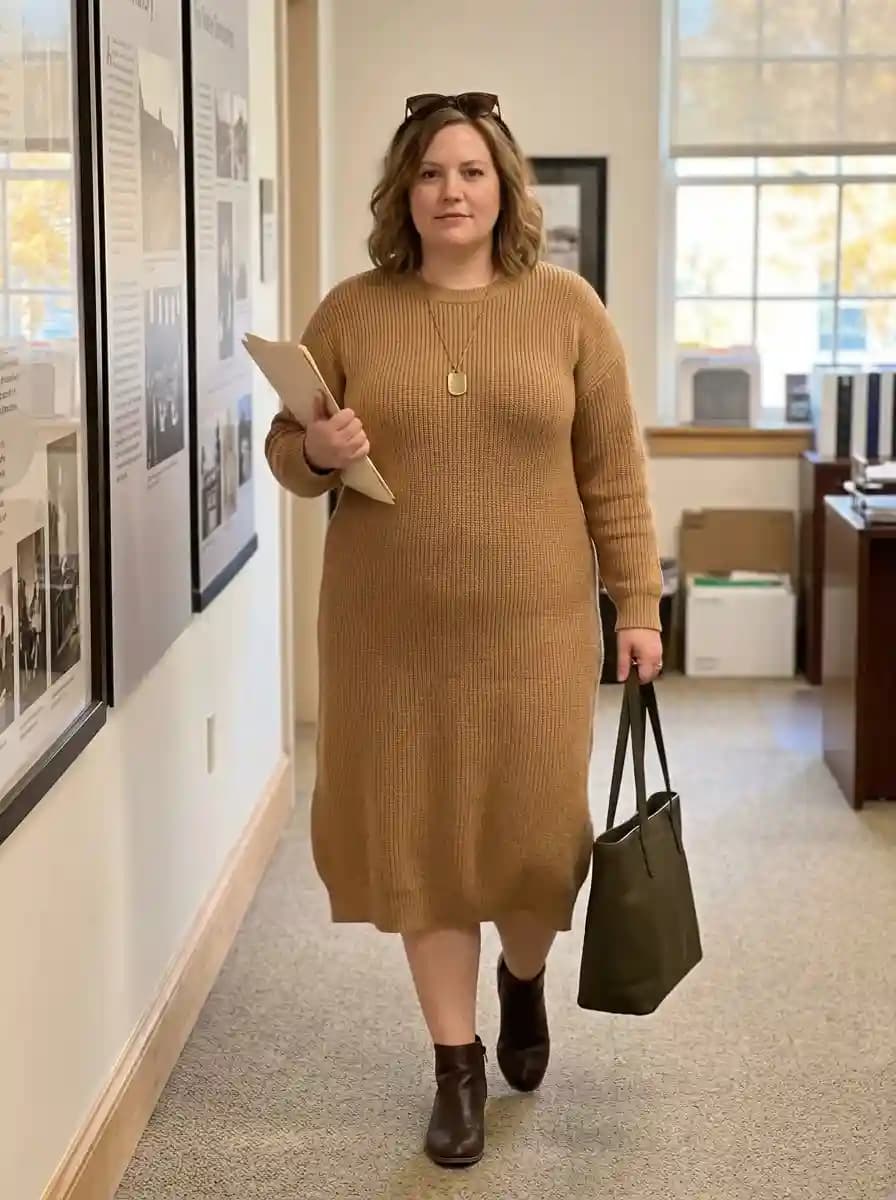 Camel ribbed knit midi sweater dress with dark brown ankle boots and espresso tote