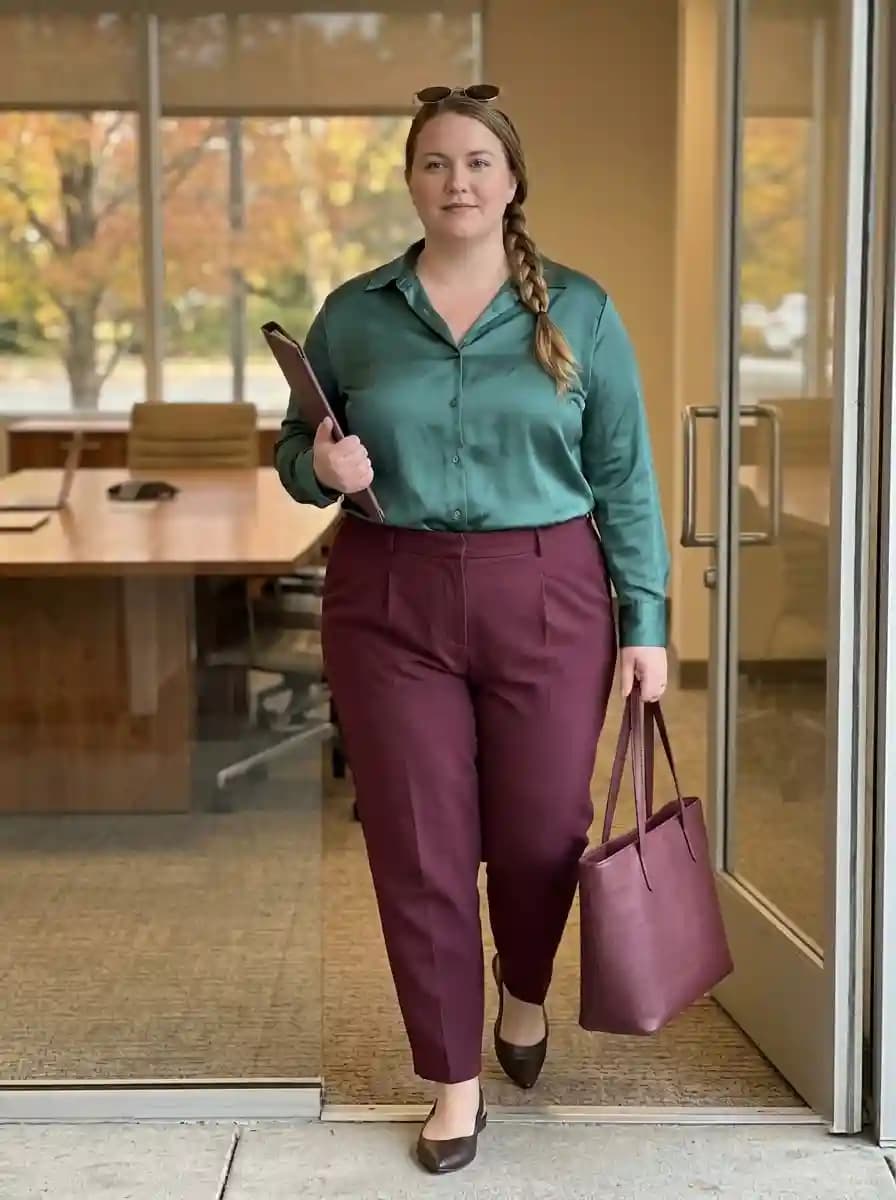 Teal satin button-up blouse tucked into high-waisted burgundy tailored trousers with dark flats