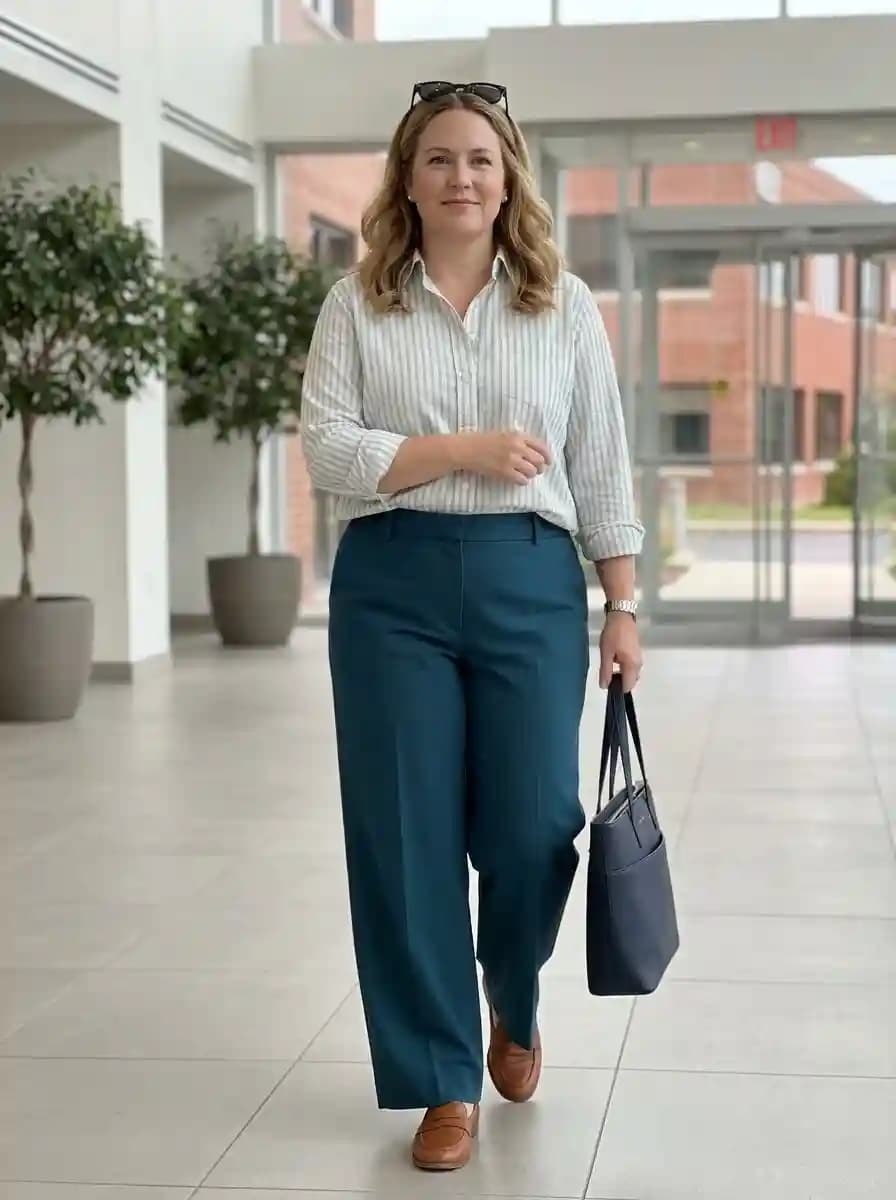 White and blue striped button-up shirt tucked into high-waisted teal wide-leg trousers with cognac loafers
