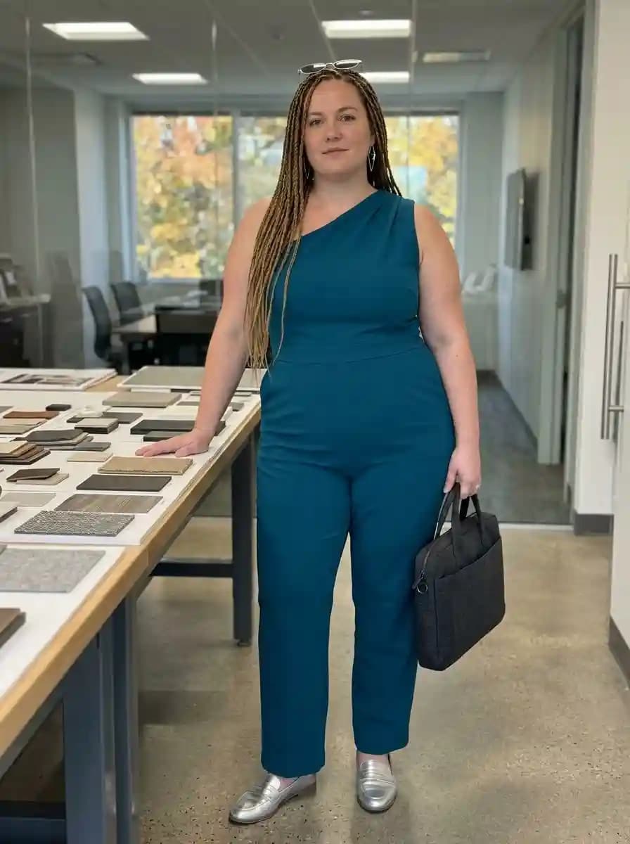 Teal one-shoulder tailored jumpsuit with metallic silver loafers and structured black work bag