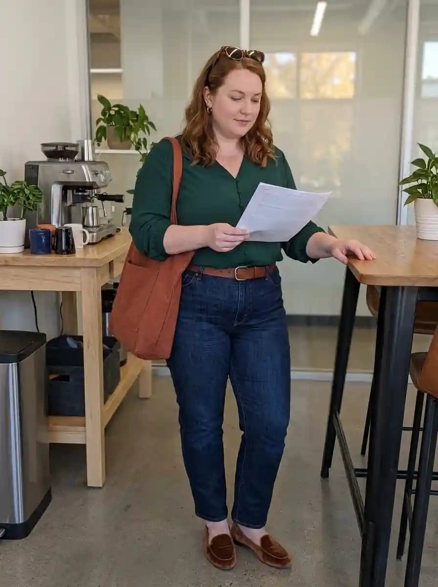 Forest green button-up blouse with dark-wash jeans, cognac belt, and brown suede loafers