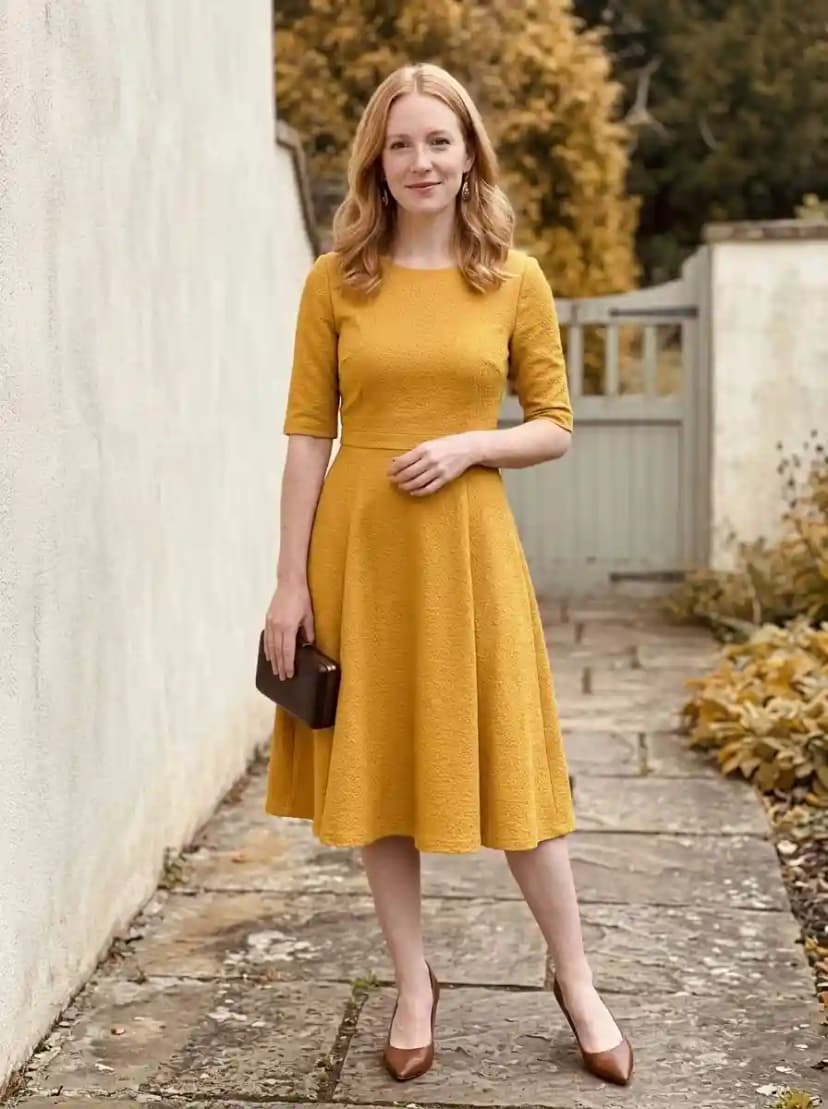 Mustard gold textured jacquard midi dress with half-sleeves and full A-line skirt