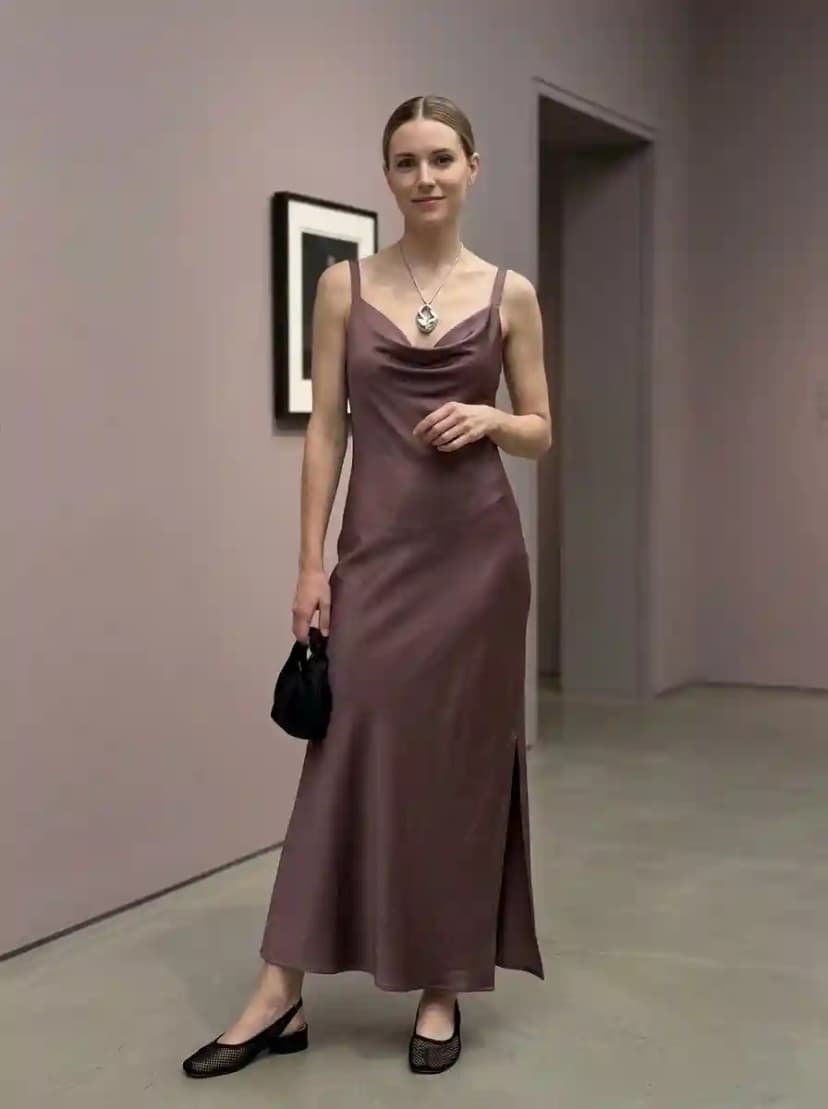 Mauve dusty rose cowl-neck maxi slip dress with side slit and black mesh kitten-heel slingbacks