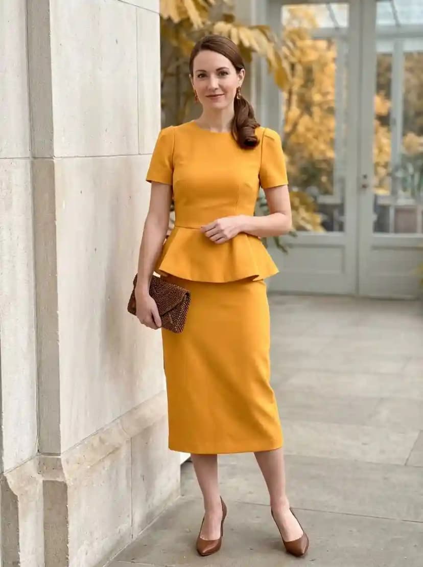 Mustard golden yellow peplum top and matching pencil midi skirt set with short sleeves