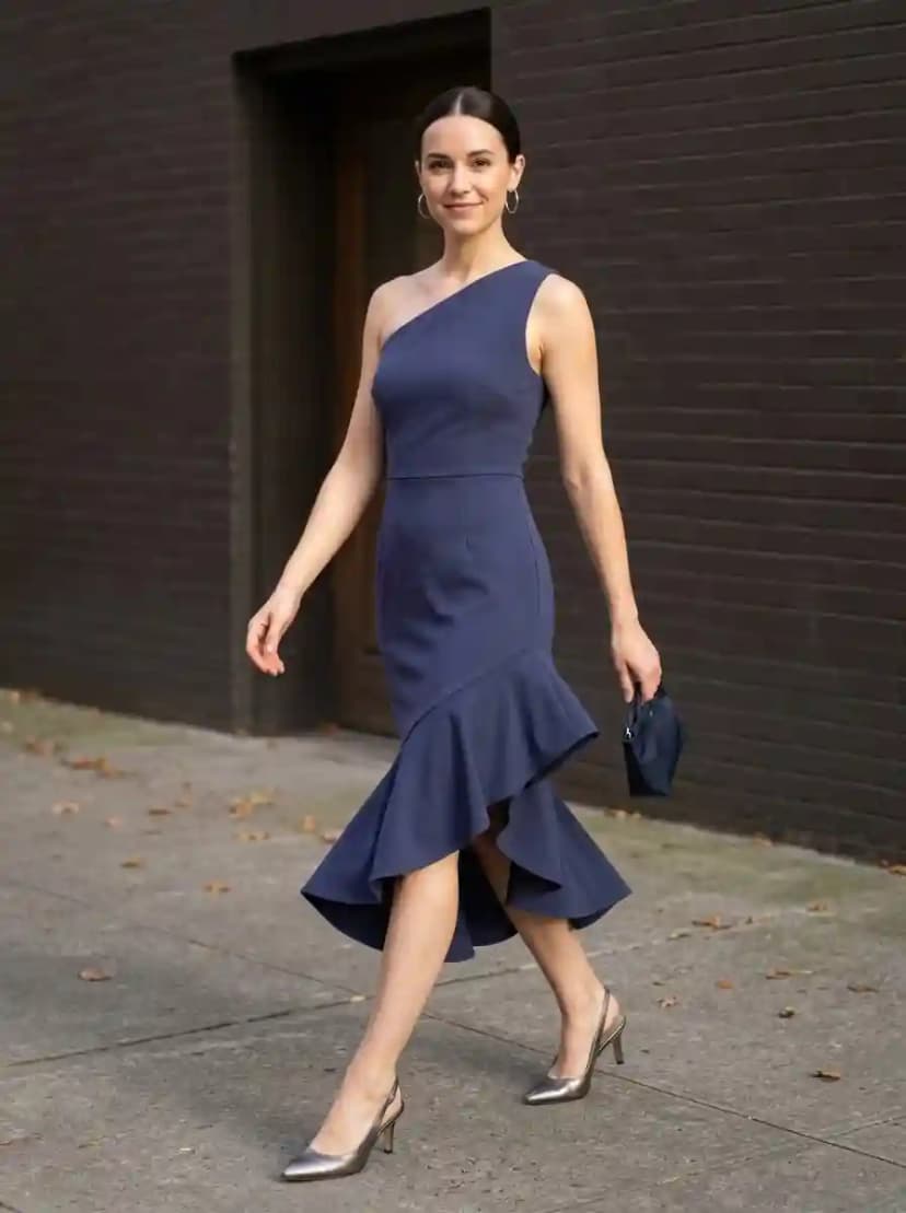 Steel blue one-shoulder midi dress with dramatic high-low ruffle hem