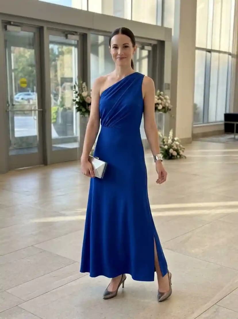 Royal blue one-shoulder maxi dress with ruched bodice and metallic silver pumps