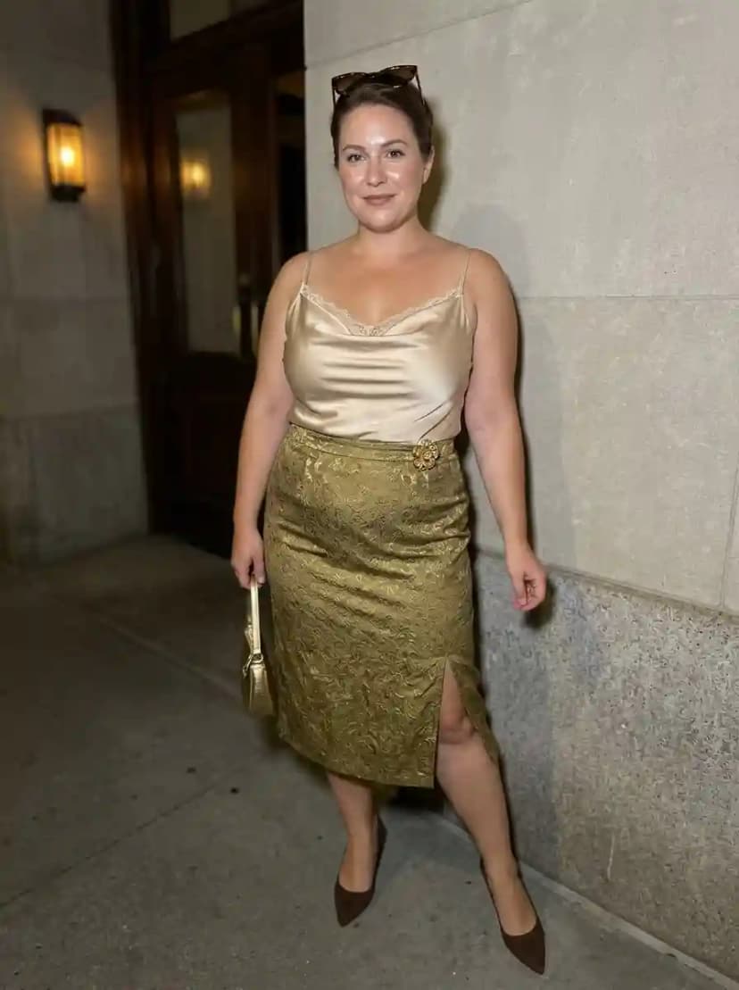 Gold satin camisole with lace trim tucked into olive brocade pencil skirt with gold buckle detail