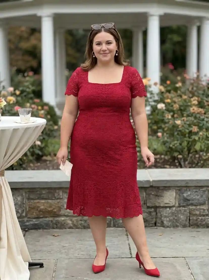 Crimson lace sheath dress with short scalloped sleeves, square neckline, and matching red pumps