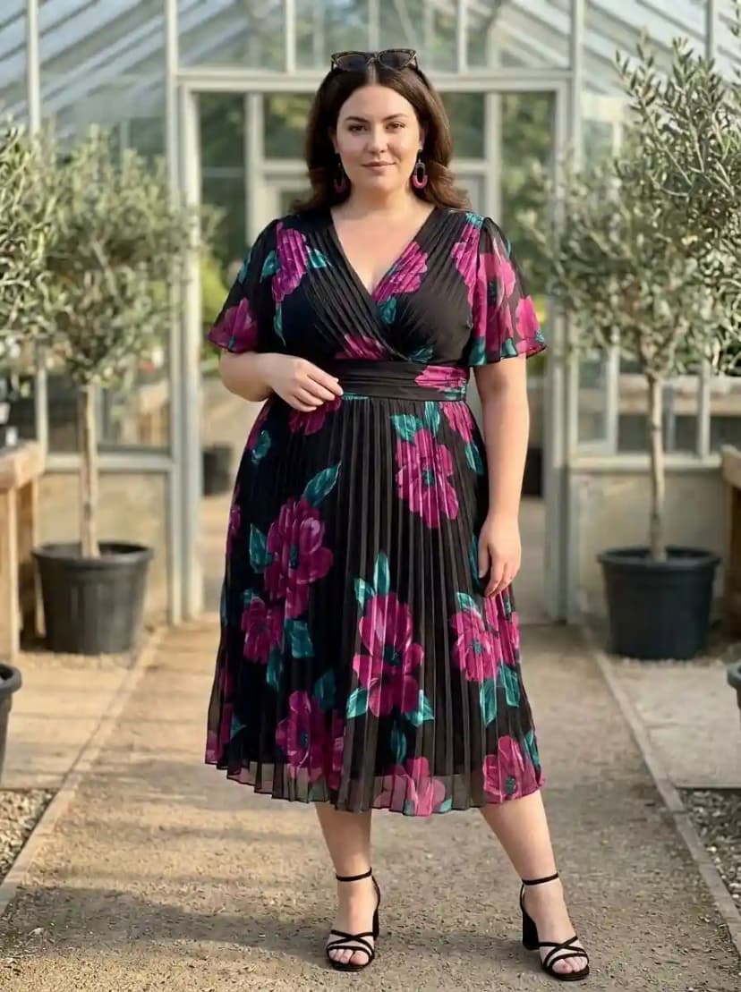 Black V-neck midi dress with short flutter sleeves, accordion pleats, and bold magenta floral print