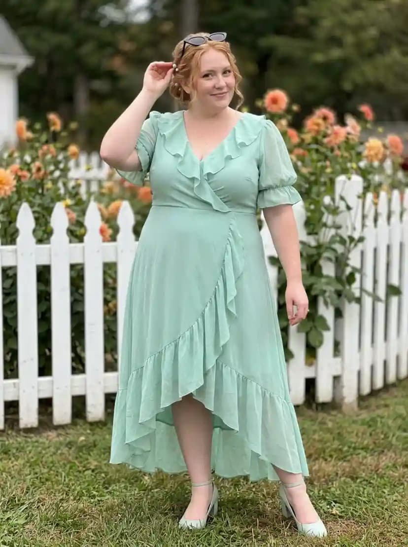 Mint green dress with V-neckline, short puff sleeves, ruffled hem, and light green ankle-strap block heels