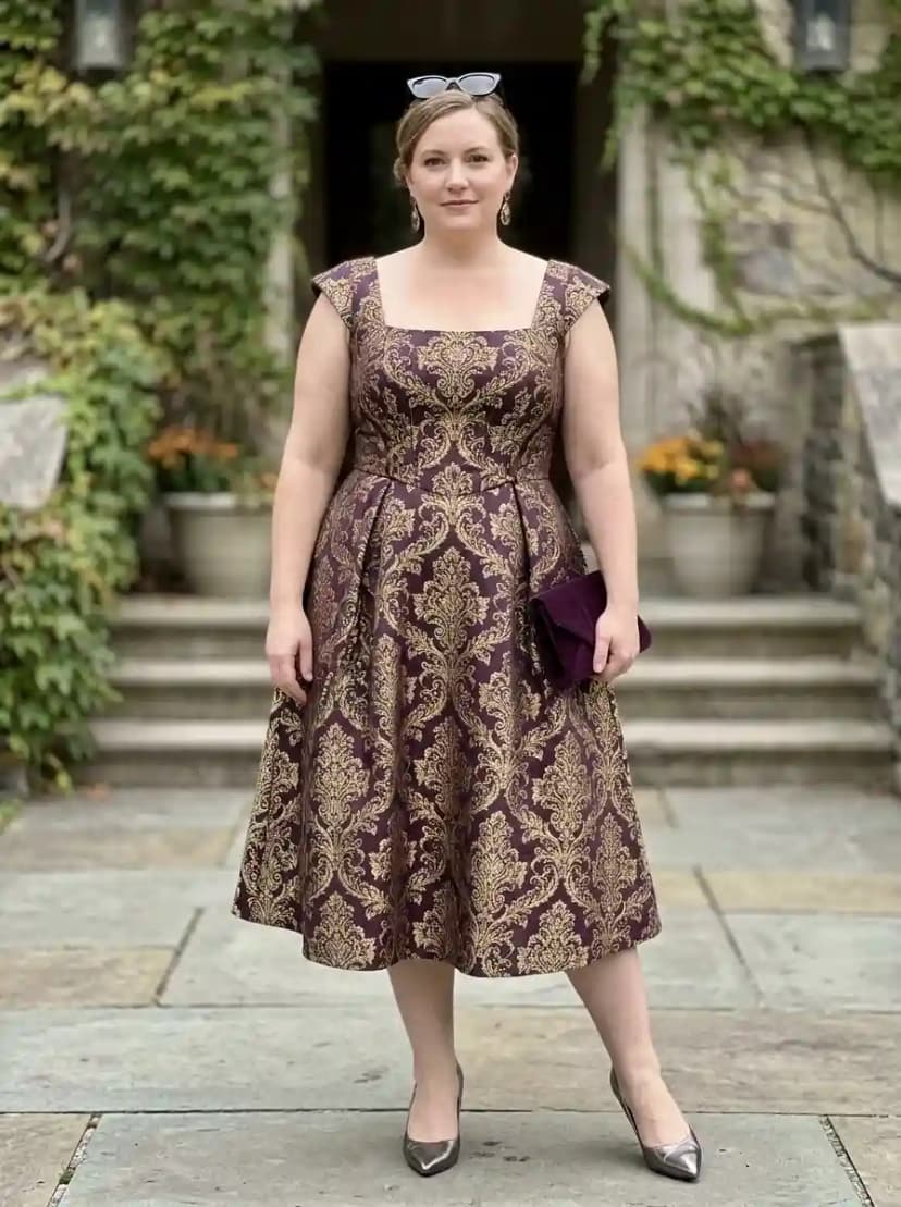 Plum burgundy brocade fit-and-flare dress with gold ornate damask pattern and cap sleeves