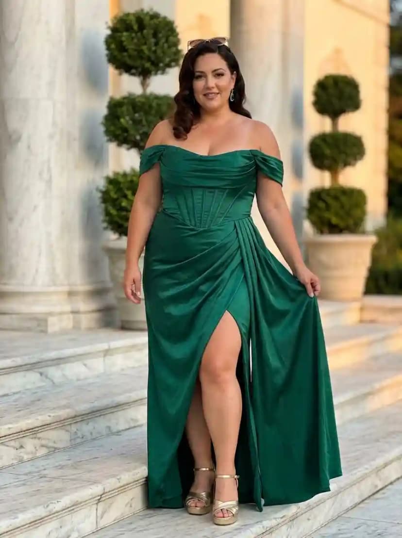 Emerald green off-the-shoulder satin gown with sweetheart neckline, corset bodice, and thigh-high slit