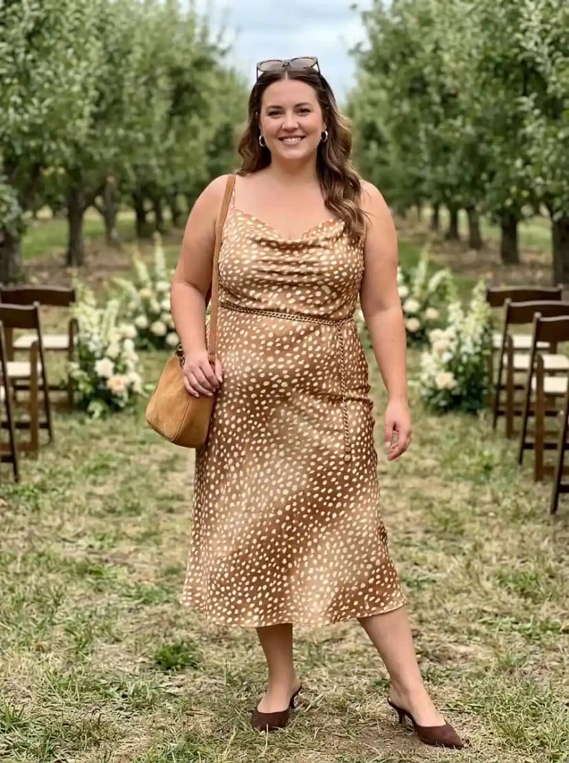Camel satin slip midi dress with cowl neckline, cream ditsy dot print, and thin braided belt