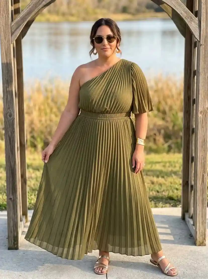 Olive one-shoulder pleated maxi dress with gold metallic strappy sandals