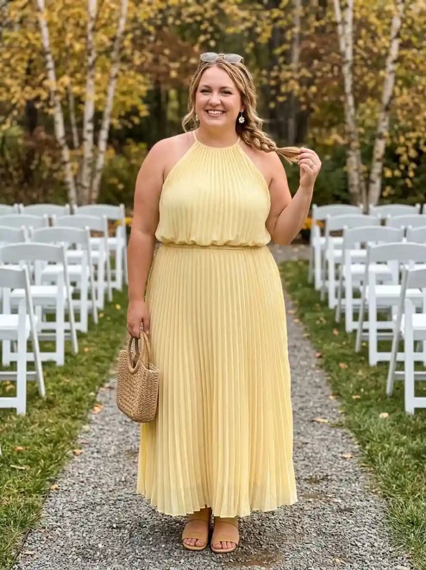 Pale yellow halter-neck pleated maxi dress with tan flat slide sandals and woven straw tote