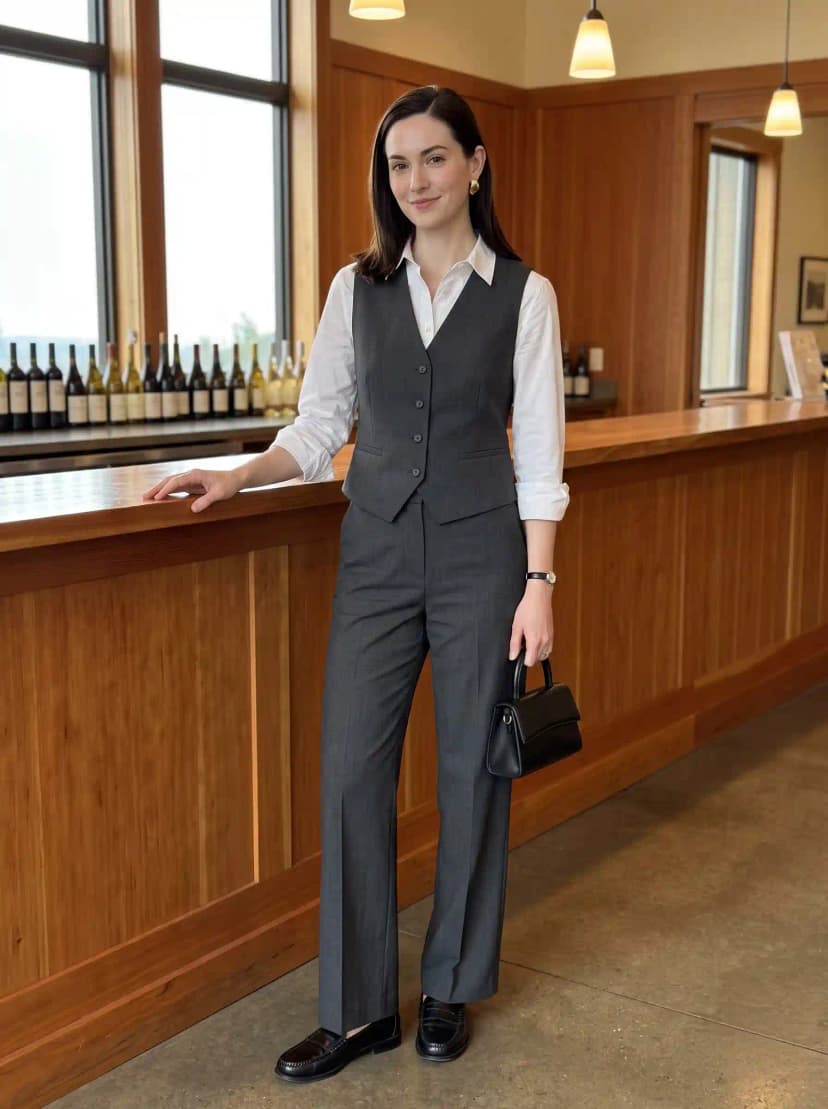 White button-up shirt, charcoal grey vest, grey tailored trousers, black loafers, and black handbag