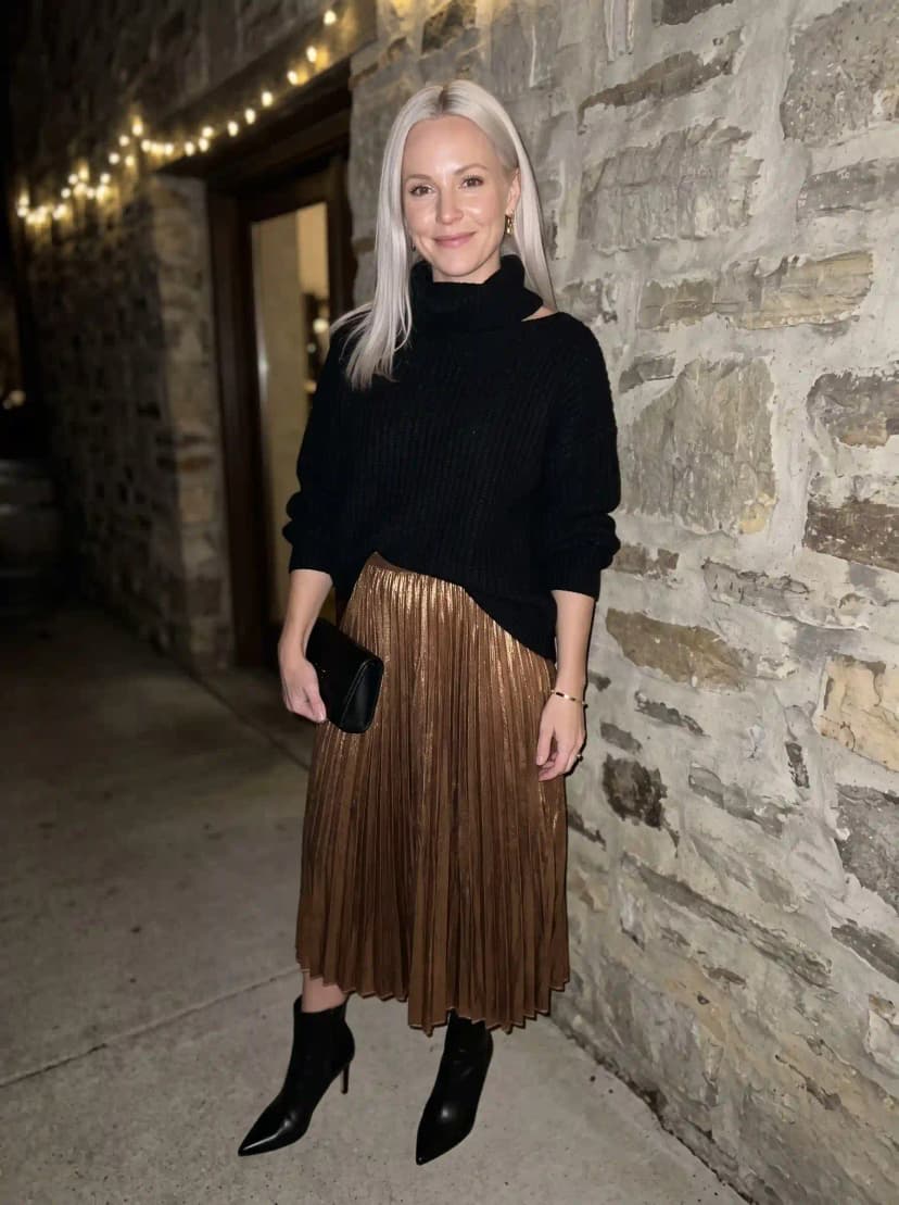 Black cut-out turtleneck sweater, gold metallic pleated midi skirt, black stiletto ankle boots, and black clutch