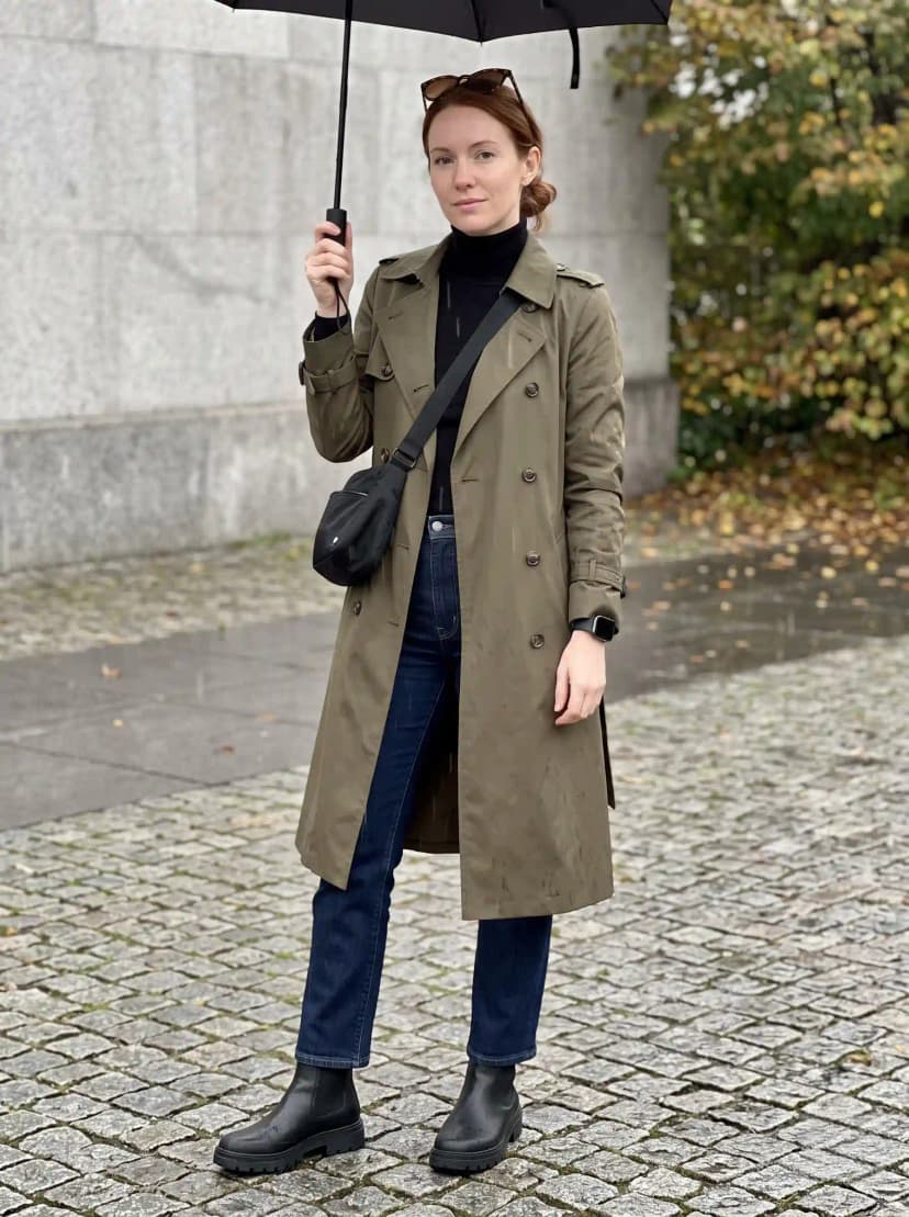 Black turtleneck, dark wash jeans, olive trench coat, black lug-sole Chelsea boots, and black crossbody bag