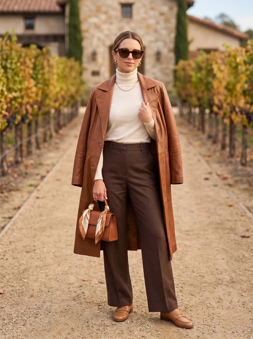 Cream turtleneck, brown wide-leg trousers, cognac leather coat, tan penny loafers, and brown top-handle bag
