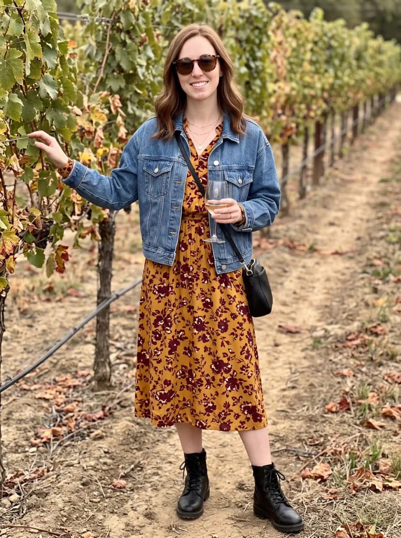 Mustard floral print midi dress, medium-wash denim jacket, black combat boots, and black crossbody bag