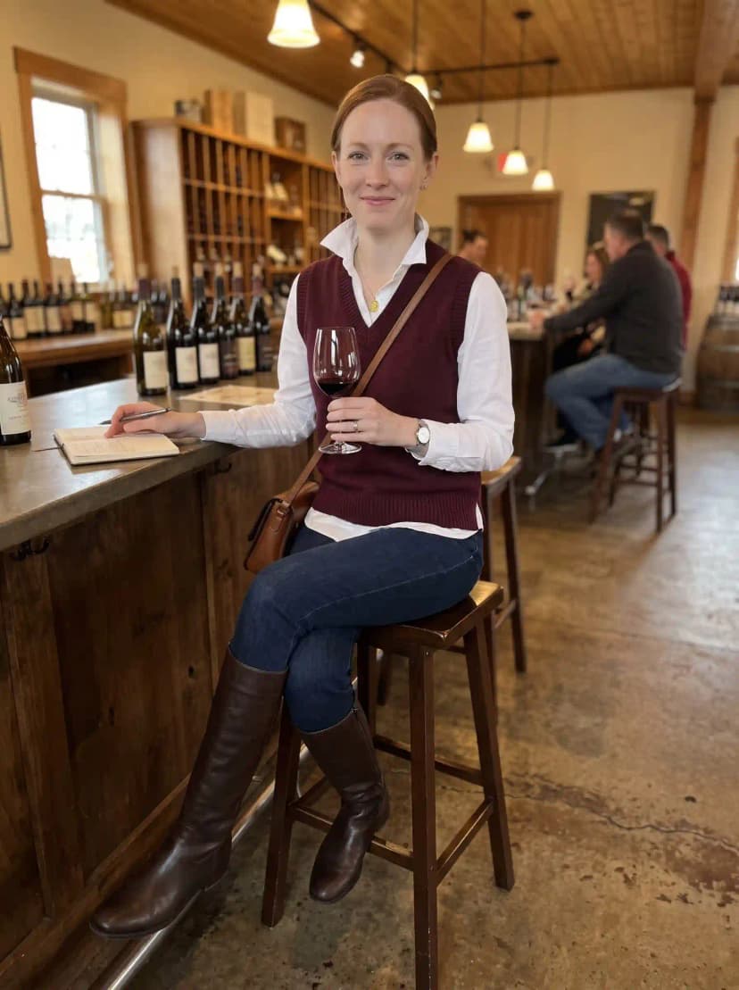 White button-up shirt, burgundy V-neck sweater vest, dark-wash slim jeans, brown riding boots, and brown crossbody bag