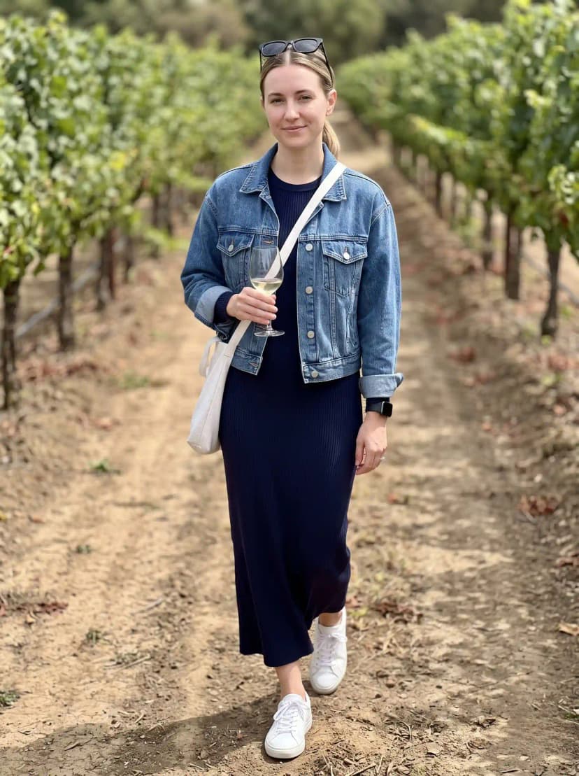 Navy ribbed maxi dress, medium-wash denim jacket, white sneakers, and white canvas crossbody bag