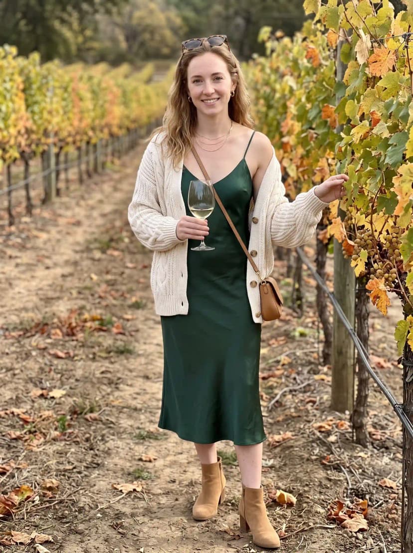 Emerald green velvet slip dress, cream cable-knit cardigan, tan suede ankle boots, and tan crossbody bag