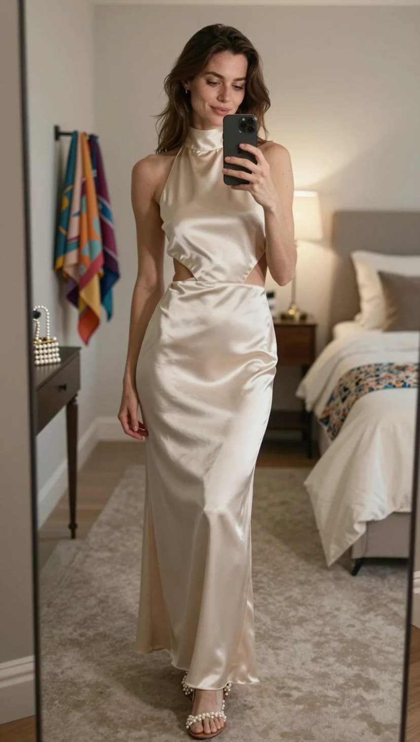 Cream Satin Halter Maxi Dress + Pearl Embellished Flat Sandals