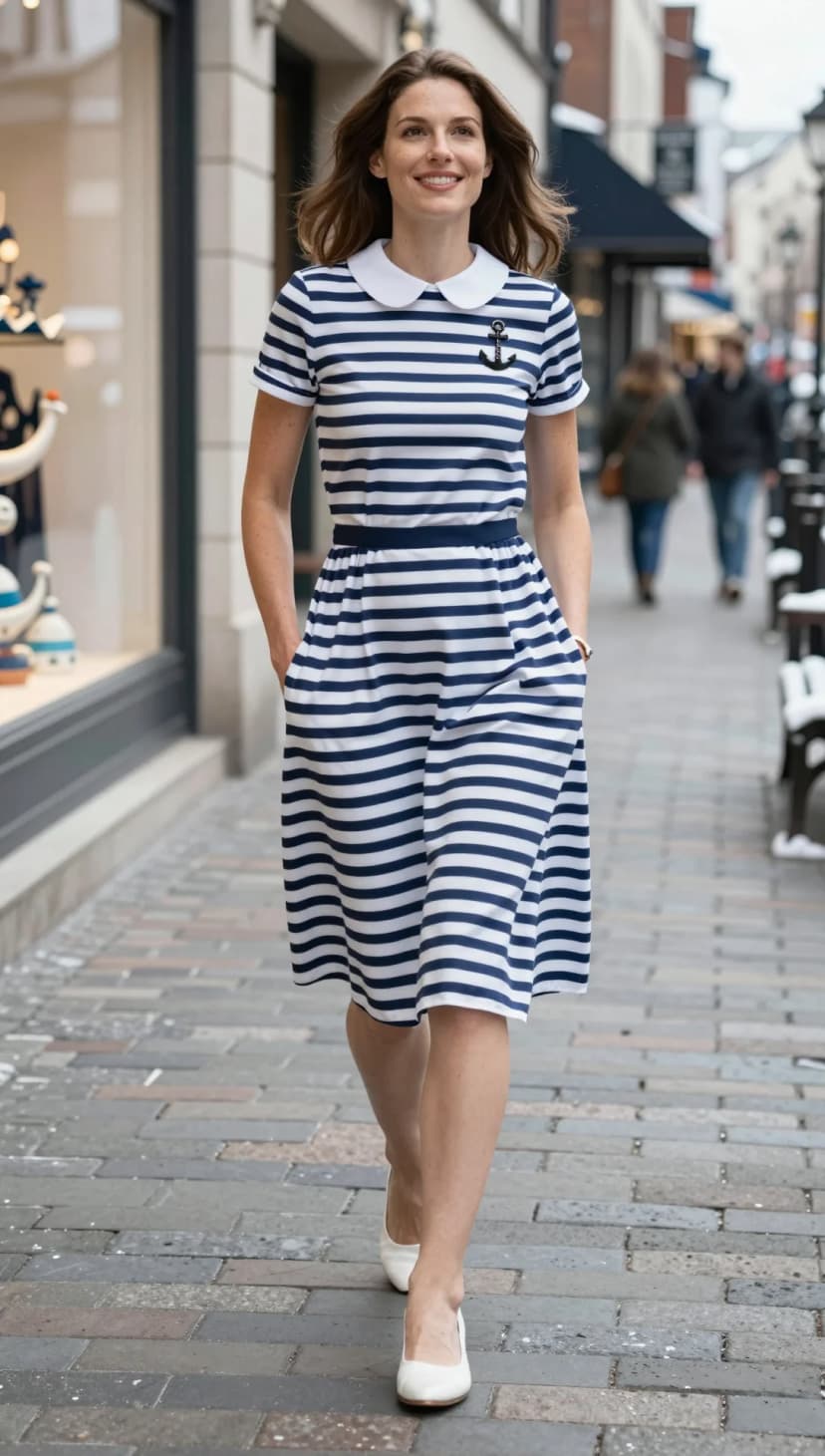 Navy and White Striped Knit Midi Dress + White Leather Pointed Flats