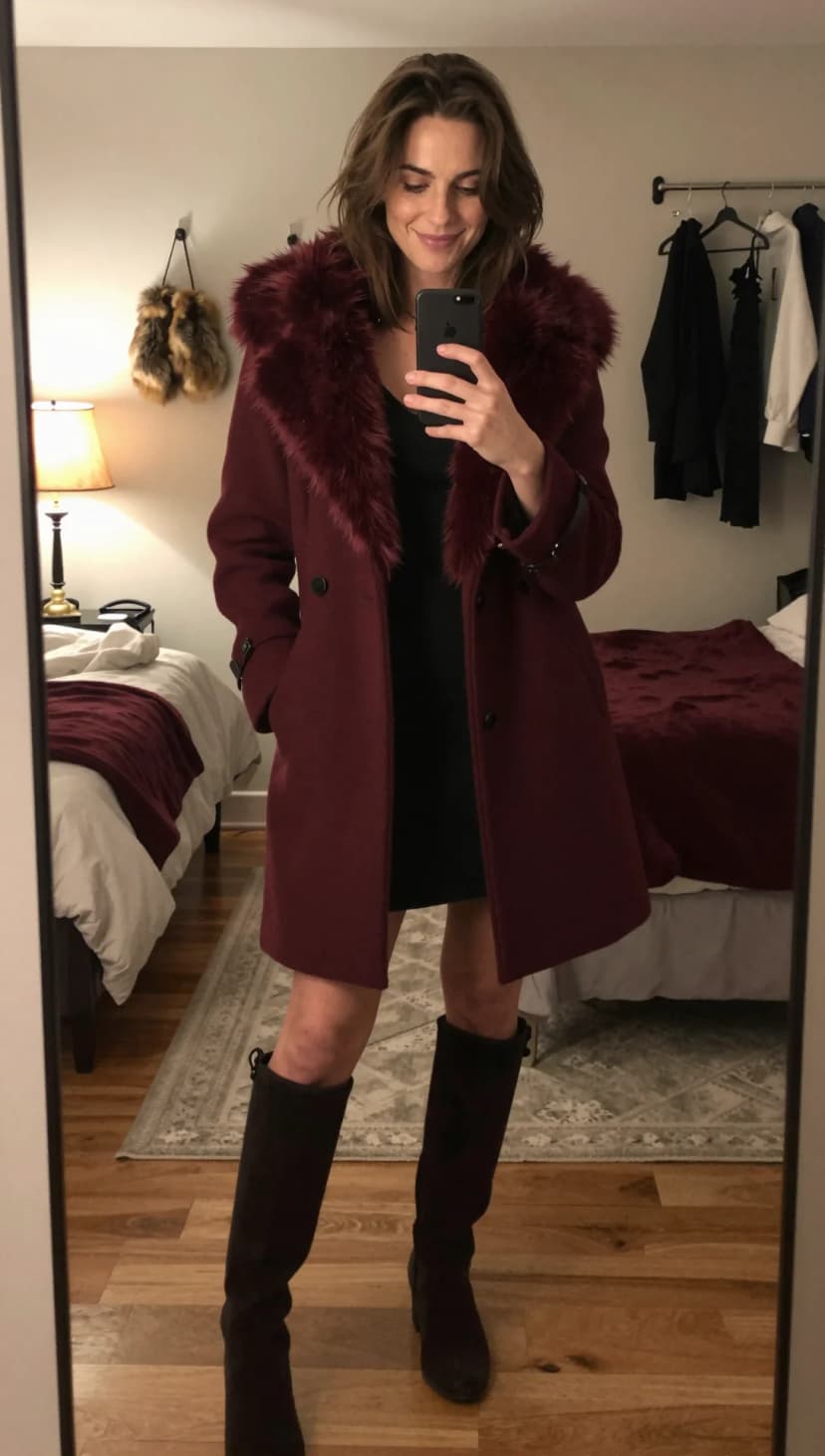 Burgundy Wool Coat + Black Mini Dress + Chocolate Suede Boots