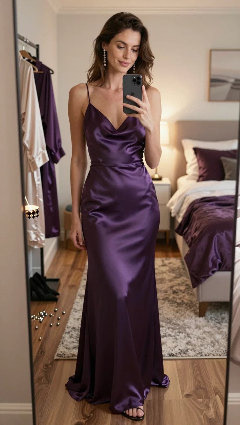 Purple Satin Cowl Neck Maxi Dress