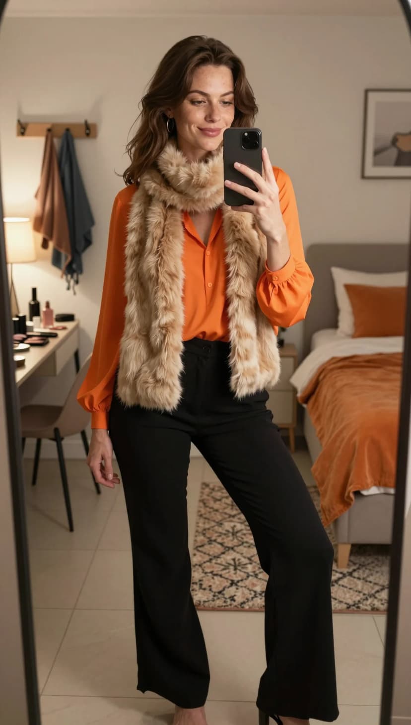 Orange Silk Blouse + Black Wide Leg Trousers + Tan Faux Fur Vest