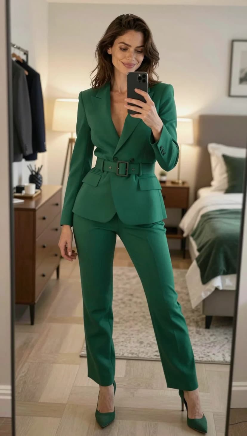 Green Wool Blazer + Green Wool Trousers + Green Suede Heels