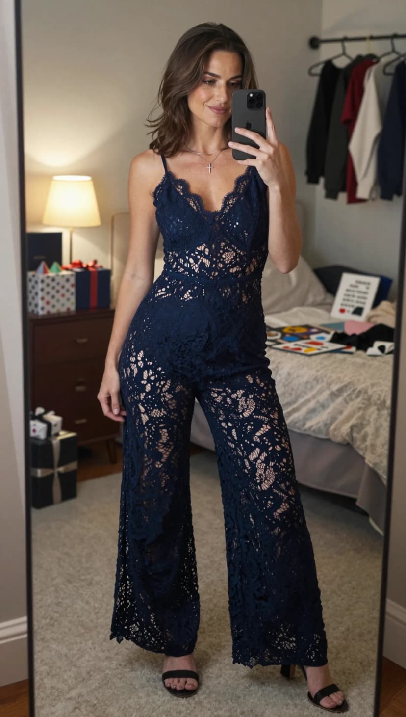 Navy Lace Wide Leg Jumpsuit + Black Block Heel Sandals