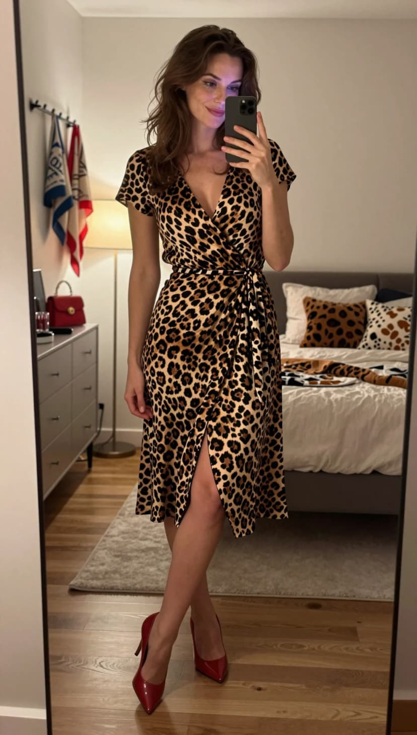 Leopard Print Satin Wrap Midi Dress + Red Patent Leather Stilettos