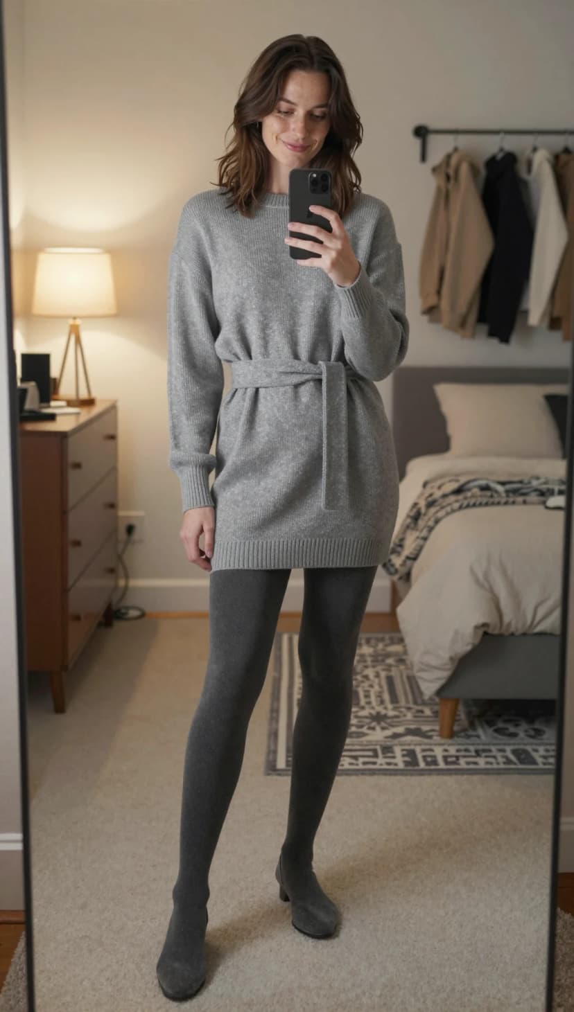 Grey Knit Tunic + Grey Polka Dot Tights + Grey Suede Ankle Boots