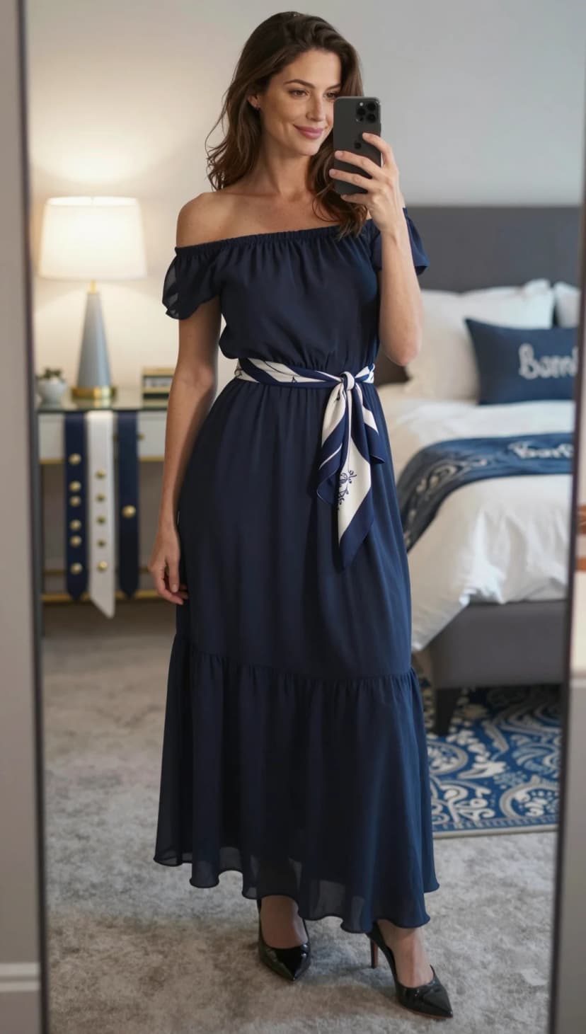 Navy Chiffon Off-the-Shoulder Maxi Dress + White and Navy Patterned Scarf Belt + Black Patent Pointed-Toe Heels