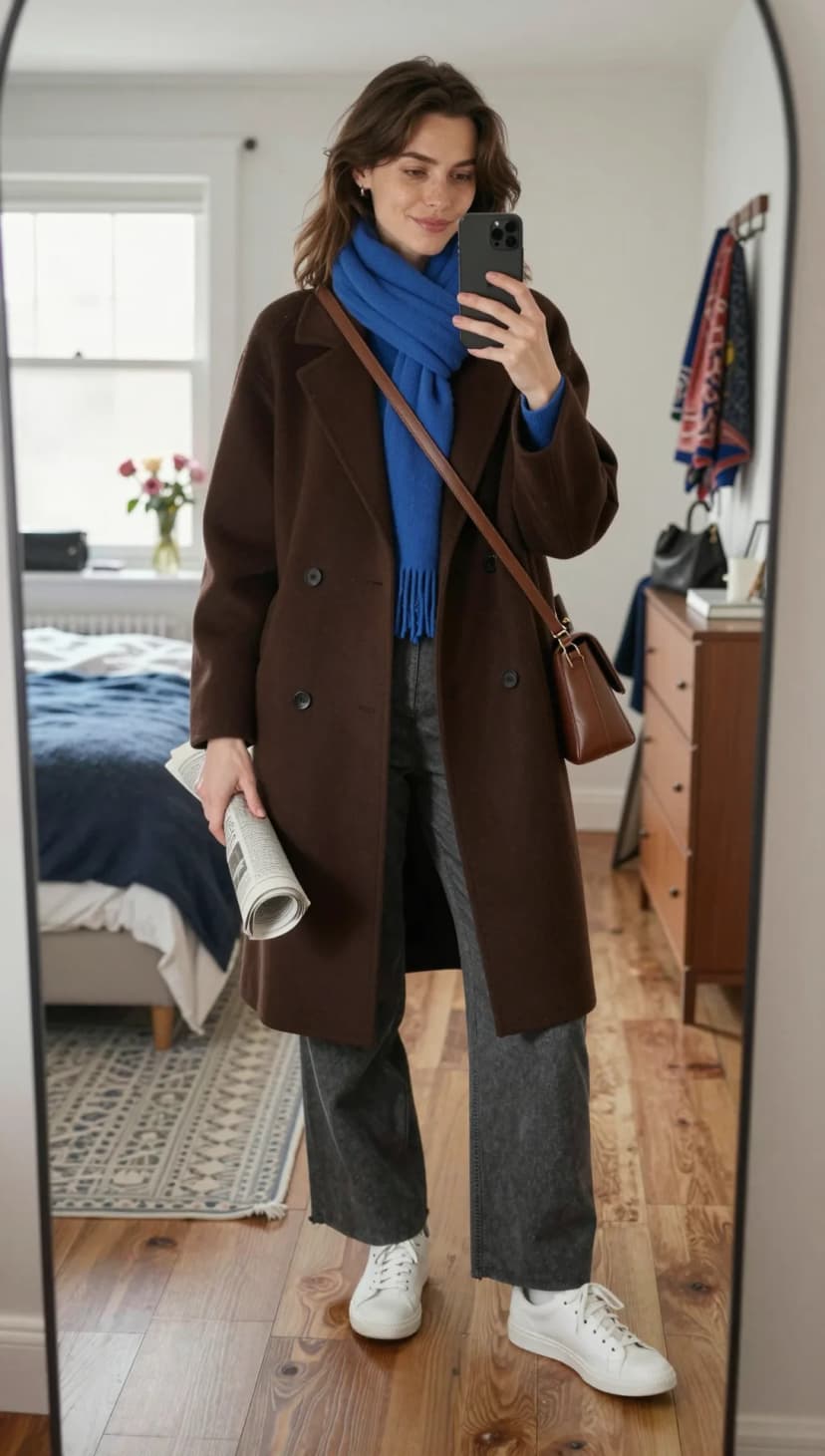Brown Wool Coat + Royal Blue Knit Sweater + Charcoal Wide Leg Jeans + White Leather Sneakers + Tan Crossbody Bag
