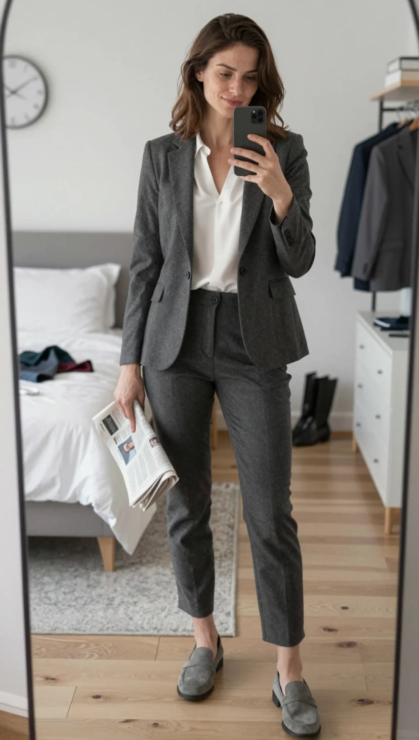 Charcoal Tweed Blazer + Charcoal Tweed Trousers + White Silk Blouse + Grey Suede Loafers