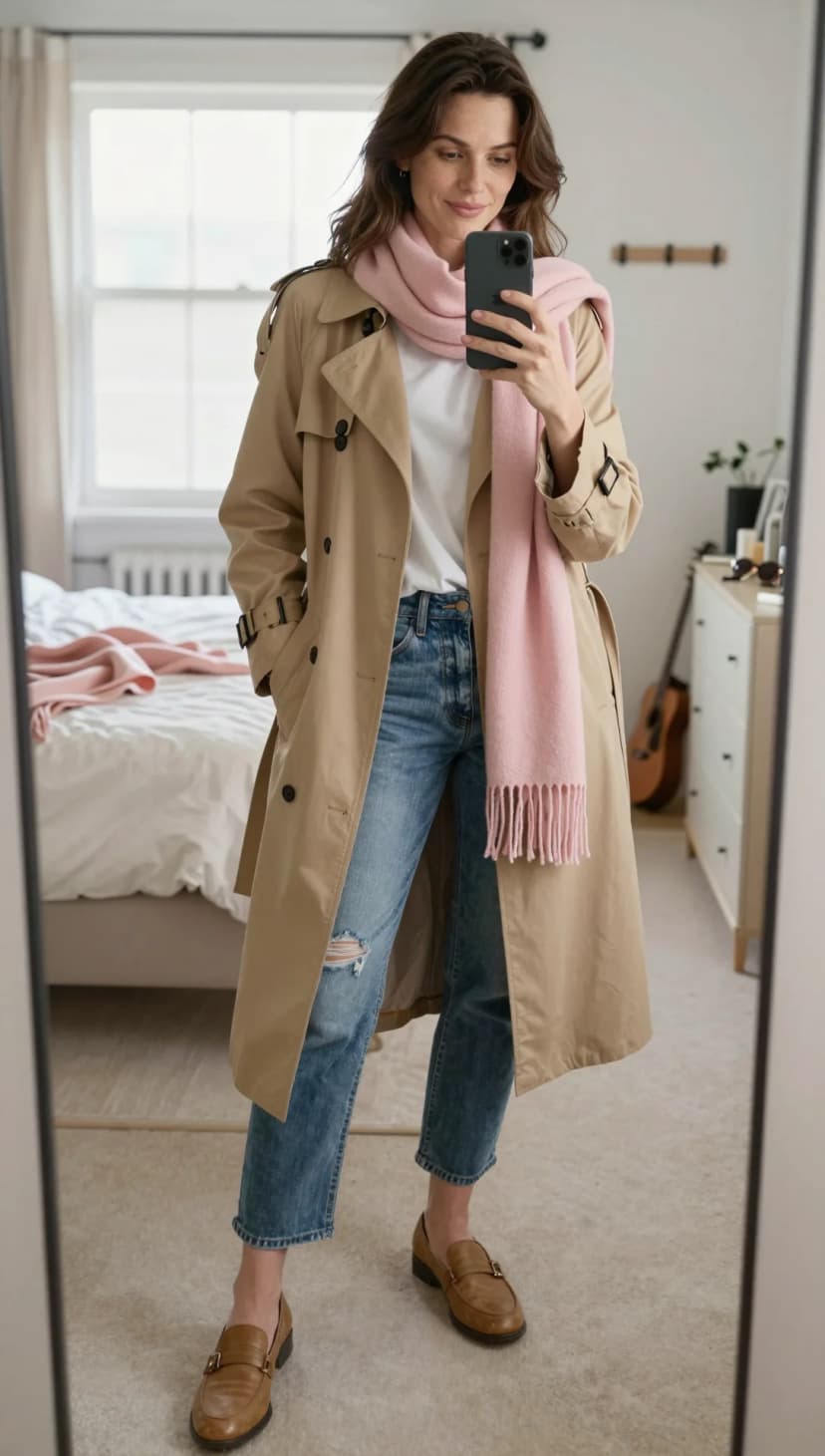 Tan Cotton Trench Coat + White Cotton T-Shirt + Blue Denim Jeans + Pink Wool Scarf + Brown Leather Loafers